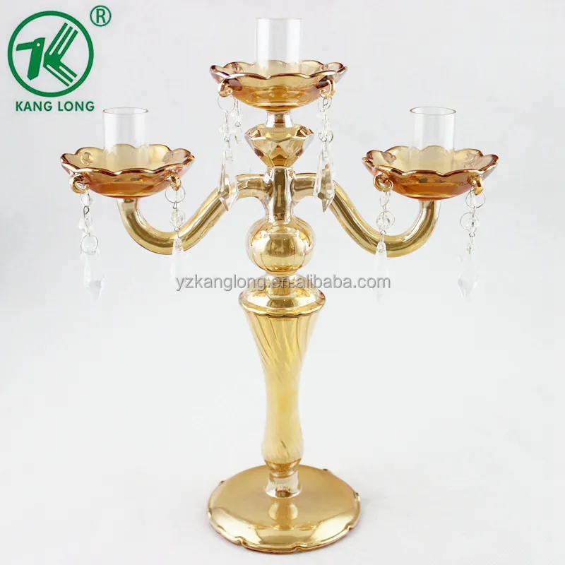 3 Arms wedding gold plating with diamond and beads design crystal glass candleabras