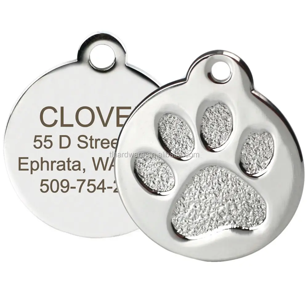 Usine en gros en alliage de zinc chien patte étiquette en acier inoxydable chat étiquette personnalisée chien ID étiquette en métal avec gravure Logo