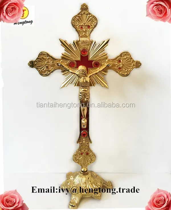 Best Selling Gold Religieuze Juses Metalen Staande Kruisbeeld, Kerk/Home Decoratie Orthoox Cross