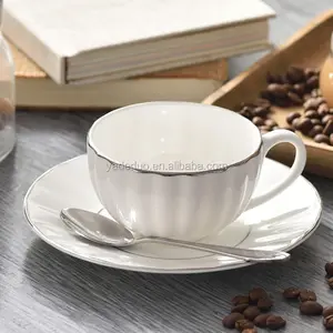 ceramic plain white tea cup saucer set porcelain gold line 200ml coffee cups with dish