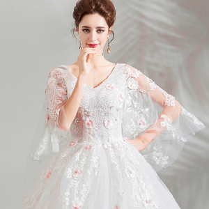 2019 Spring New Korean <strong>Plus</strong> <strong>Size</strong> 3xl Ivory Flower Beaded Floor Length Batwing Sleeve Lace up Back Princess <strong>Wedding</strong> <strong>Dress</strong> - Product Image 5