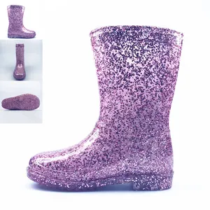 Hot Selling With Glitter Girls Lovely PVC Transparent Cheap Safety Kids Rain Boots