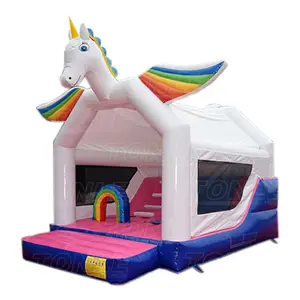 dazzling rainbow kids used commercial bounce house inflatable jumping castle, cheap unicorn bouncy castle with slide for sale