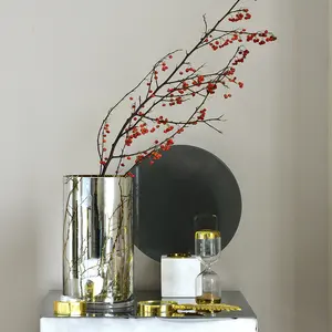 Bixuan Hurricane Candleholder Golden Mirrored Glass with Unique Transparent Branches Pattern Decor Glass Tea Light Holder 25cm H