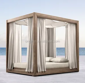 Mobiliário de luxo para exterior, cama king size para praia, cortina impermeável, delicada, madeira de teca