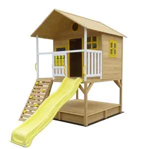 wooden wood outdoor garden patio two layer porch veranda Cardboard Big Playhouse Luxury Outside with sandbox and slide