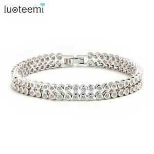 LUOTEEMI-pulsera de plata de primera ley y circón para <span class=keywords><strong>mujer</strong></span>, brazalete, plata esterlina 925, Circonia cúbica, zirconia, circonita, zirconita, circón, color blanco, 2 filas - Product Image 1
