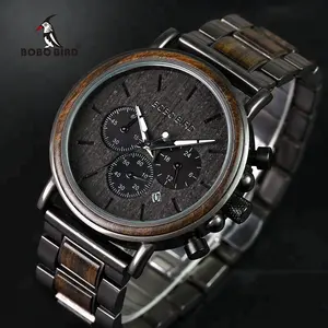 BOBO BIRD-reloj de madera para hombre, de acero inoxidable, con fecha automática, color negro