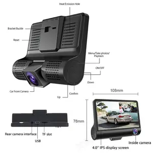 Podofo câmera preta para carro, 4.0 polegadas, 3 lentes, hd 1080p, 170 graus, ângulo amplo, câmera automotiva, dvr gravador de vídeo dashcam sensor-g