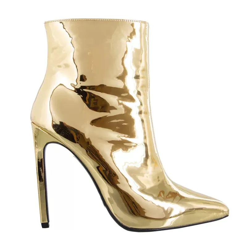 WETKISS Plus Size 45 Fashion 4 inch Stiletto Hakken Booties Glossy PU Goud Hoge Hak Laarzen Dames Enkellaars Vrouwen winter Laarzen