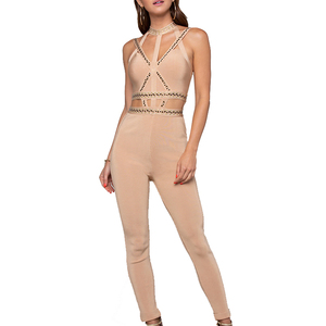 Sexy Del Ritaglio Delle Donne Del Partito Della <span class=keywords><strong>Tuta</strong></span> Sottile Senza Maniche Halter Pantaloni Shiny <span class=keywords><strong>Beige</strong></span> Delle Signore Della <span class=keywords><strong>Tuta</strong></span> - Product Image 1