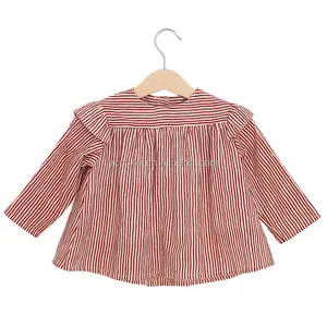 Boutique manga larga flutter tops stripe linen blusa para otoño Niñas Ropa