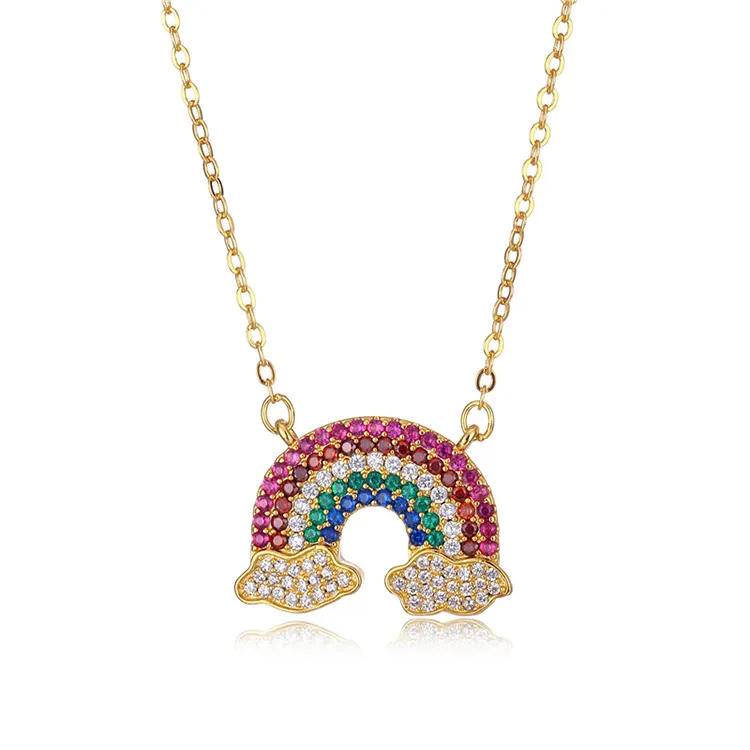 Trendy Jewelry Gold Plated Pave Colorful Cubic Zirconia Rainbow Necklace Multi Color Necklace