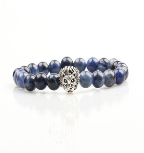 azul marino 8mm sodalita piedra natural del grano plateado león hombres brazalete pulsera con precio barato - Product Image 1
