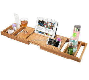 Natural Bamboo Bath Tub Caddy with Removable Serving Tray, Phone and Tablet Compartments, Spa Tray Shower Bath Tub