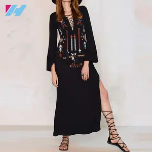 womens fashion Ethnic Flower Embroidery Deep V-neck Hippie Boho long dress