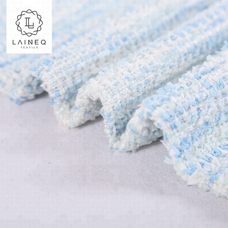 China Custom Beautiful Blue Woven Carding Garment Polyester Twilled Woolen Boucle Tweed Fabric