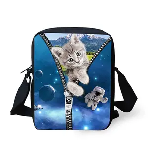 최신 귀여운 고양이 인쇄 긴 스트립 사이드 크로스 바디 대학 소녀 어깨 가방