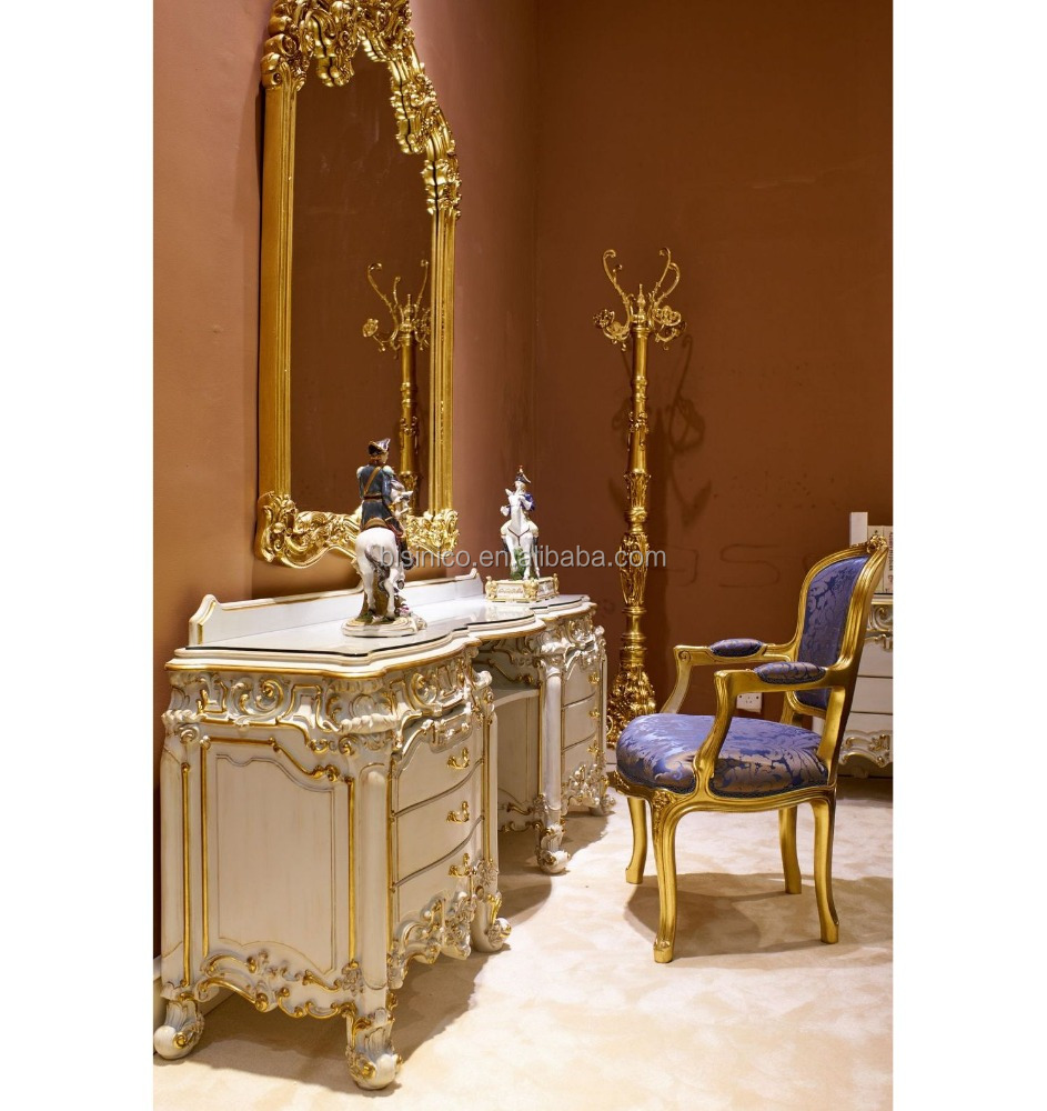 European Royal Palace Style Antique Gold Trim Bedroom Vanity Set with Mirror  - Exquisite Wood Carving & Luxury Design