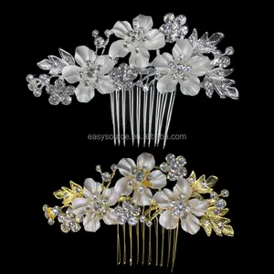 Perhiasan Rambut Pernikahan Sisir Rambut Bunga Putih Jepit Rambut Kristal Vintage Pengantin