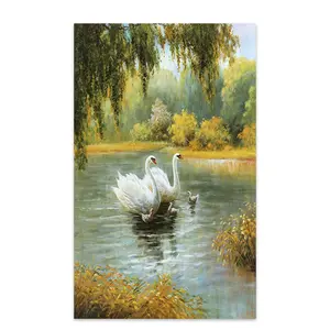 Dibujo de animal en lienzo, paisaje de lino y otoño, pintura al óleo de lago, cisne