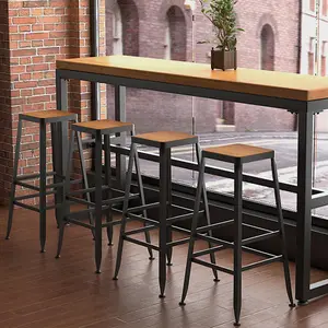 LOFT Industri Restoran Kafe Hitam Logam Kursi Bar dengan Kayu Kursi