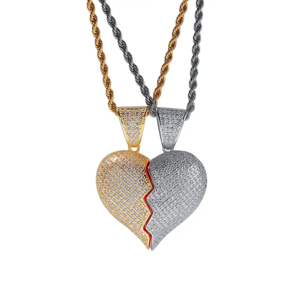 Iced Out Pendant Necklace 2019 Wholesale Iced Out Heart Couple Pendant 2 Half Heart Charms Jewelry Hiphop Rapper Stainless Steel Necklace For Man