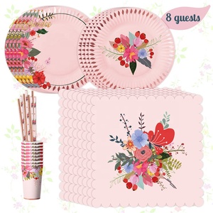 Set di Stoviglie Usa e Getta Nicro 49 Pezzi, Tema Floreale Rosa, Piatti e Bicchieri Dorati per Feste di Compleanno - Product Image 4