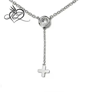 Small Cross and Cubic Zirconia Pendant Y Necklace Stainless Steel with 17 inches Chain