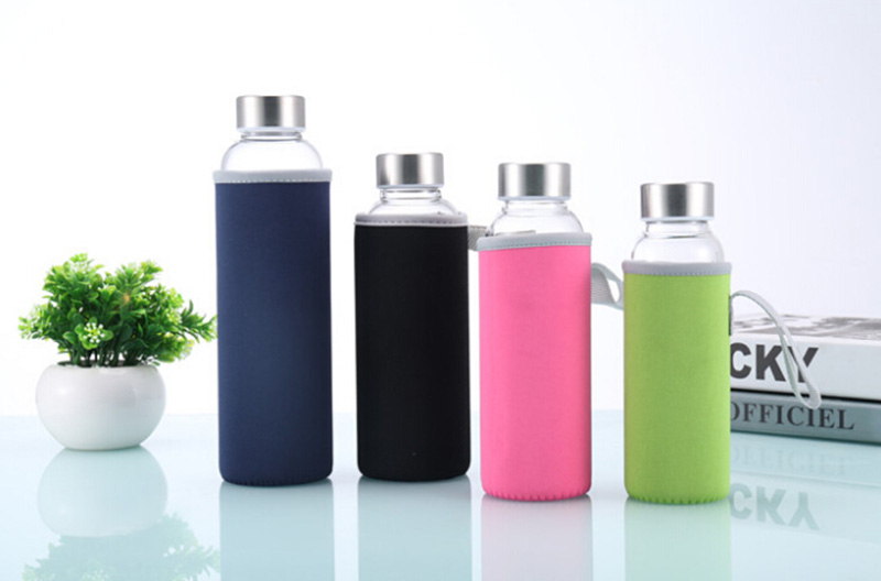 550ml Eco-friendly Borosilicate Glass Water Bottle,Leak-proof Stainless Steel Cap with Nylon Sleeve