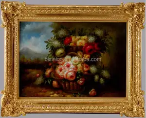 Pintura a óleo no painel de madeira dourado, pinturas de flores com armação vintage