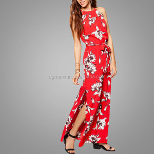 Verano de <span class=keywords><strong>las</strong></span> señoras rojo largo gasa de la impresión floral vestido sin mangas - Product Image 2