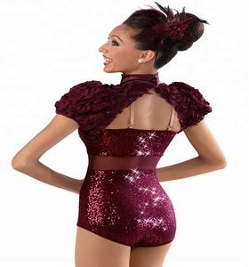 새로운 성인 소녀 라틴 재즈 댄스 의상 Claret 스팽글 댄스 레오타드 플라워 퍼프 슬리브 전문 대회 댄스웨어 - Product Image 2