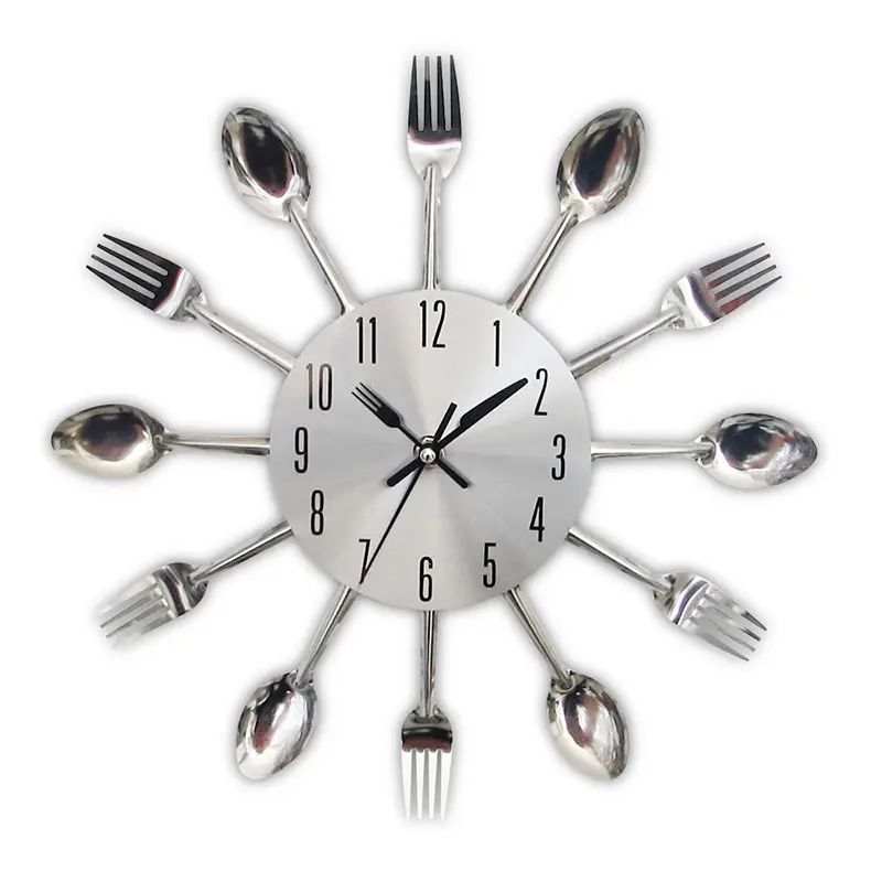 Kitchen Utensil Clock-Silver-Toned Forks, Spoons, Spatulas Wall Clock Kitchen Decor, Unique Fun Gift