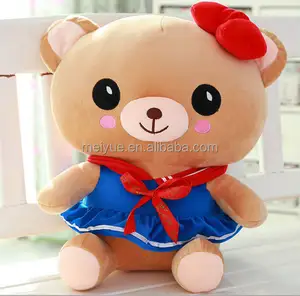 Cute Female Teddy Bear Stuffed Toy Wearing Red Ribbon and Blue Skirt