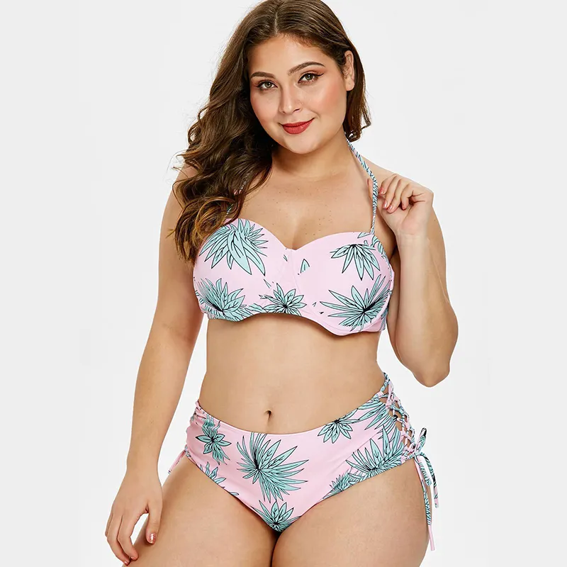 Roupa de banho sexy plus size, duas peças femininas com cintura alta