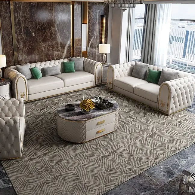 Neue designer wohnzimmer besuch zimmer lobby high end luxus Italienischen design voll leder mit gold edelstahl sofa set