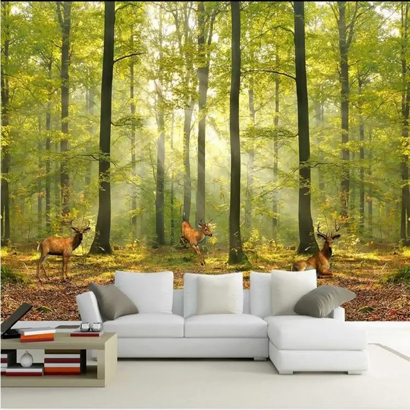 Papier peint panoramique avec animaux en forêt de petit Elk, tapisserie pour chambre d'enfant, maison