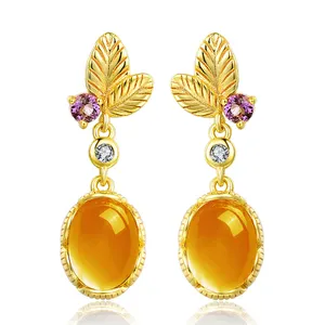 14K Yellow Gold Plated 925 Sterling Silver Jewelry 100% Natural 6x8mm Oval Citrine Stud Earrings For Women EI007