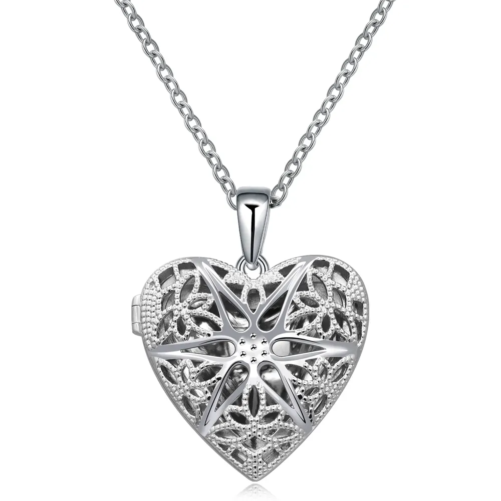 925 Sterling Silver Materials Vintage Hollow Out Filigree Love Heart Photo Locket Pendant Necklace Mother's Day Gifts