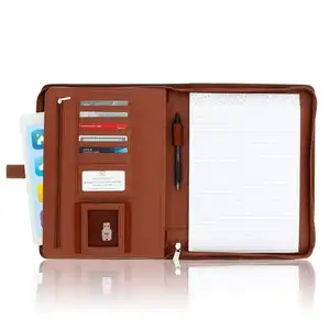 Zippered Leather Business Portfolio Padfolio Professional Dark Brown PU Leather Portfolio Binder & Organizer Folder Tablet