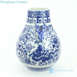 RYUJ21 Grande pancia blu drago volante fiore vaso di porcellana con testa di cervo manopola - Product Image 2