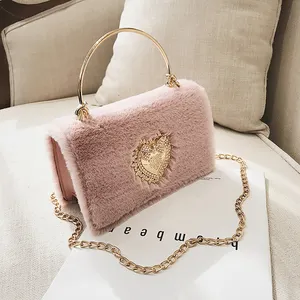 Fresh Style Girls Korean Style Pink Velvet Bag with Metal Pattern Design Golden Chain PU Leather Mini Messenger Bag