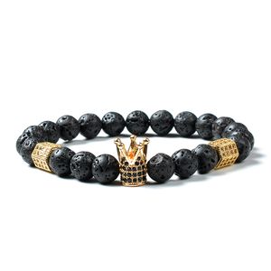 Pierre de lave fait à la main couronne de charme bijoux Logo personnalisé femmes hommes Bracelet de perles pour l'amitié élastique naturel F146 2019 noir - Product Image 3