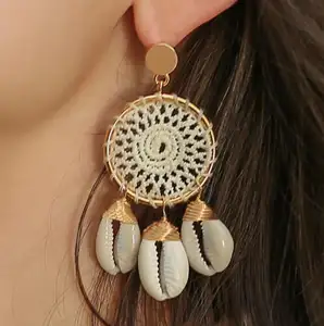 Boho Irregular Dreamcatcher Rattan Big Hollow Round Circle Rattan Straw Weave Drop Shell Earrings for Women