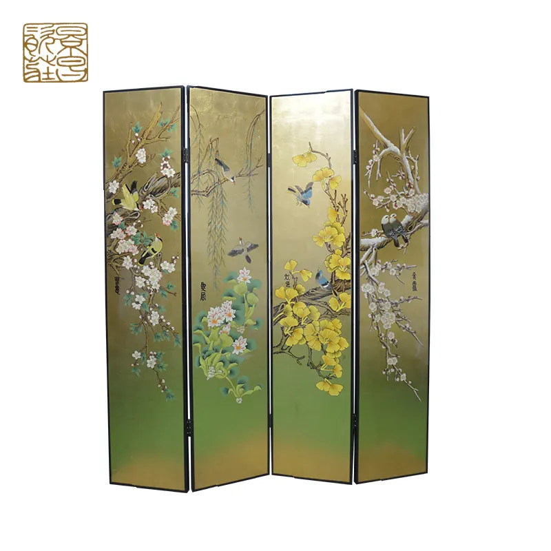 Exquisite Chinese four seasons pattern folding wooden screen room divider