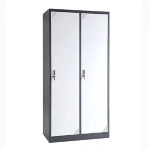 Armario de 2 puertas, armario de almacenamiento de metal, 1 poste colgante para ropa + 1 cristal + 1 panel