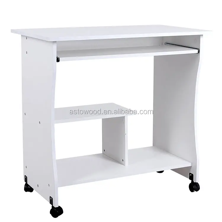 Scrivania del computer Da Tavolo in Colore Bianco con Pull Out Tastiera Scaffale e Ruote