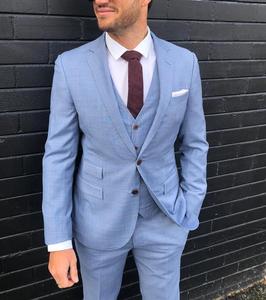 Busana Baru 2019 Biru Terang Tuksedo Pengantin Pria Bertakik Kerah Pengiring Pria Jaket <span class=keywords><strong>Blazer</strong></span> 3 Potong Setelan (Jaket + Celana + Rompi)
