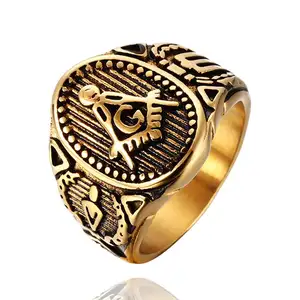 Wholesale gold color freemason ring stainless steel with classic center design pin stripes etched symbols Masonic rings for men